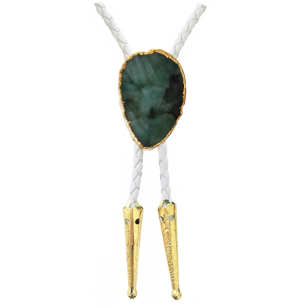 Emerald Green Gold Trim Bolo Tie with White Braided Vegan Leather Cord
